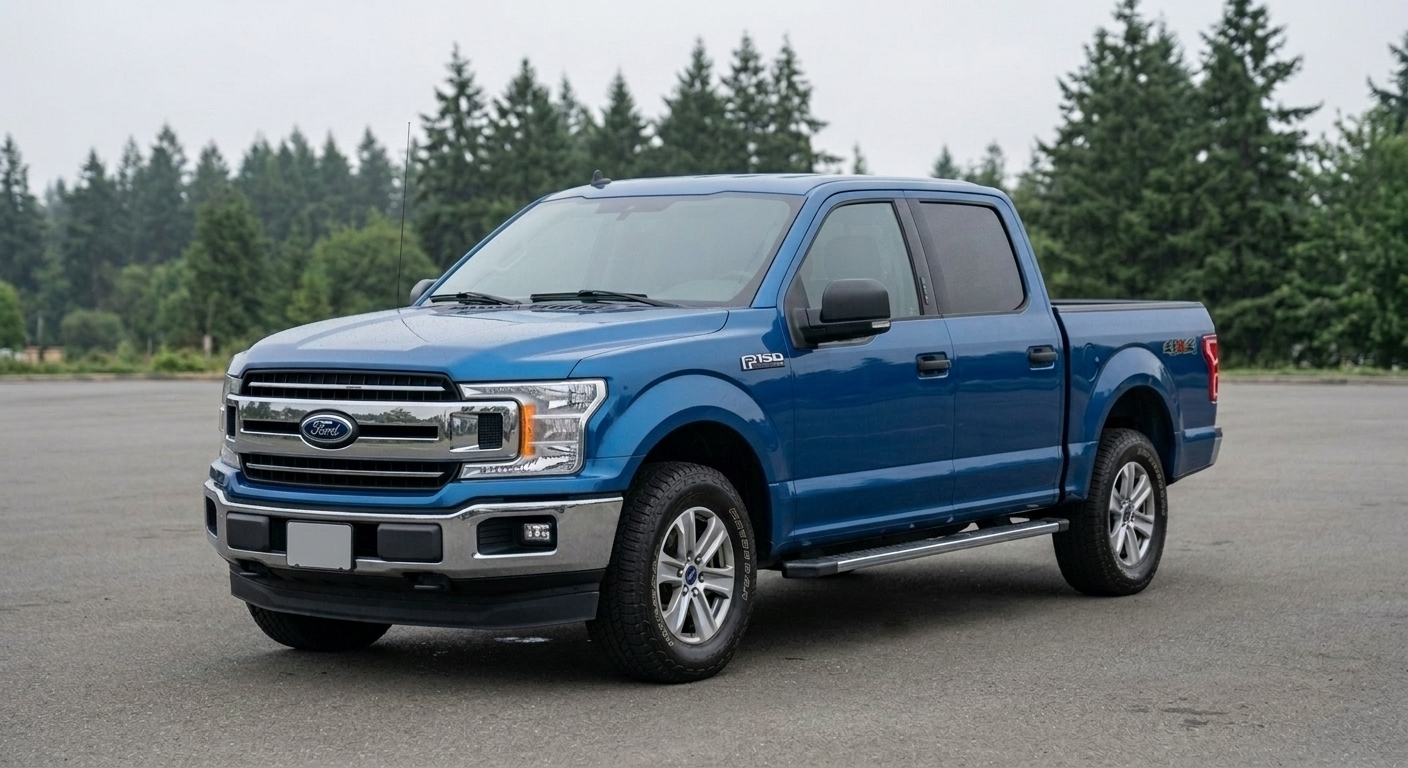 2019 Ford F-150 XLT SuperCrew 4x4, blue, parked under an overcast Pacific Northwest sky