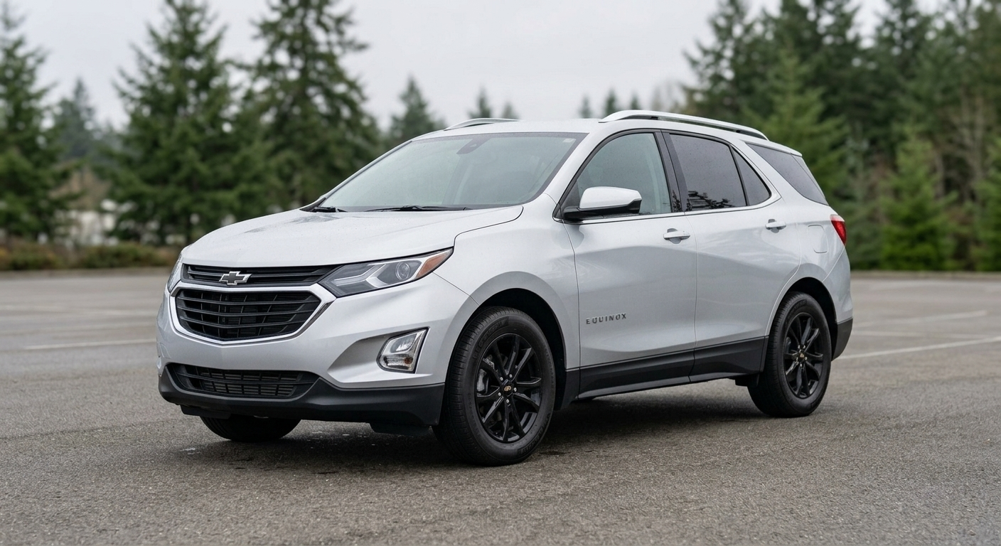 2021 Chevy Equinox LT, silver, parked under an overcast Pacific Northwest sky